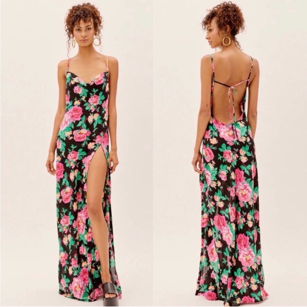 For Love & Lemons Becca Floral Side Slit Open Back Maxi Dress Small S